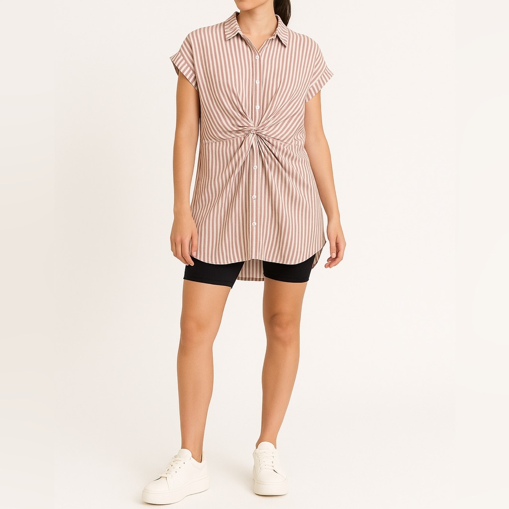 Mustard Seed Pink and White Striped Button-Down Twist Front Top